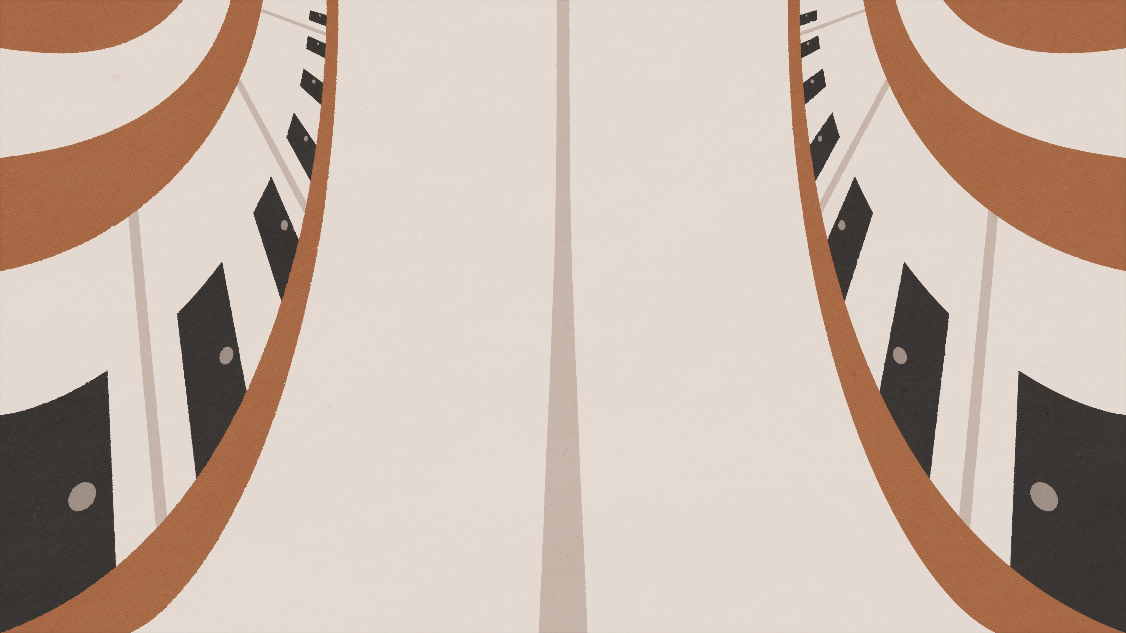 Minimalist art depicting a hallway curving in the distance at an impossible angle. Black doors line the walls, with orange painted lines on the floor and ceiling.

                        There is a distressed halftone effect over the whole image.